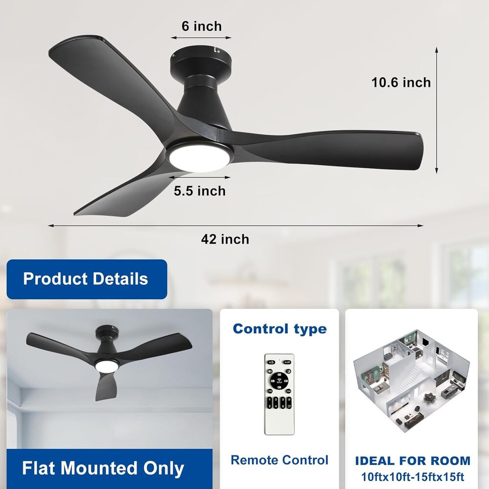 42-Inch Ceiling Fan, Black 3 Blade Flush Mount, Dimmable Indoor Outdoor, Remote - Picture 2 of 7